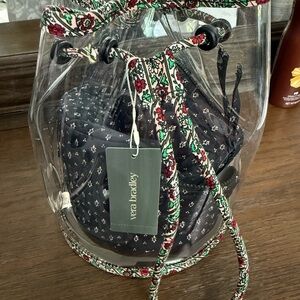 Vera Bradley Clear Floral Bucket Bag - with navy blue and white containers